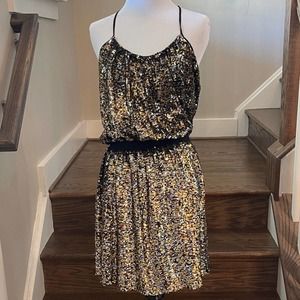 PARKER Silk with Gold and Silver Sequin Halter Mini Party Dress SZ Medium
